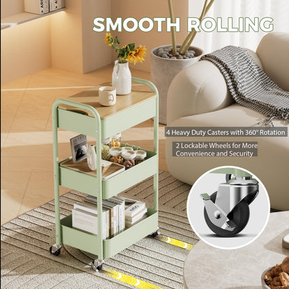 johgee 3 Tier Rolling Cart with Table top, Metal Rolling Utility Cart, Sturdy Storage Organizer Cart with Locking Wheels & Hooks for Office, Classroom, Kitchen and Bathroom