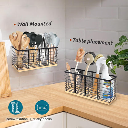 Suli Extra Large Kitchen Utensil Holder with 4 Compartments，Matte Black Metal holder with Wooden Base for Kitchen Countertop，Farmhouse Cooking Utensil Storage, Rustic Cooking Utensil
