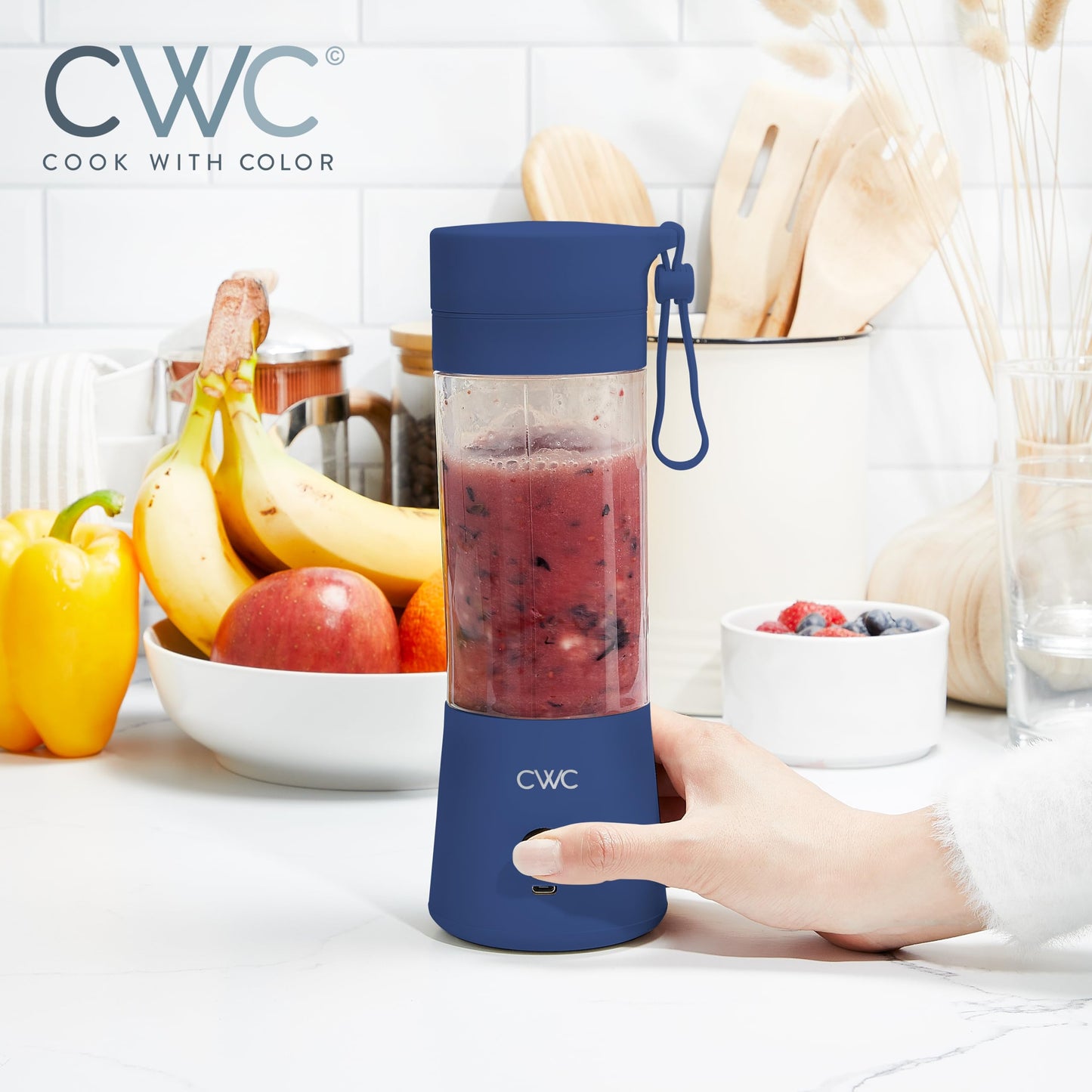 COOK WITH COLOR Mini Portable Blender - 250W Power, 12oz Capacity, Stainless Steel Blade, Wireless/USB Rechargeable, Grey