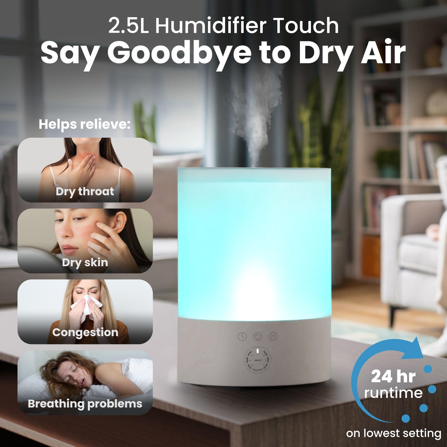 Everlasting Comfort 2.5L Top Fill Humidifiers for Bedroom, 2.5L - Quiet Easy to Fill & Clean, 24HR Runtime, Night Lights, Timer, Ultrasonic Cool Mist Humidifier, Auto Shut-Off, Essential Oil Diffuser