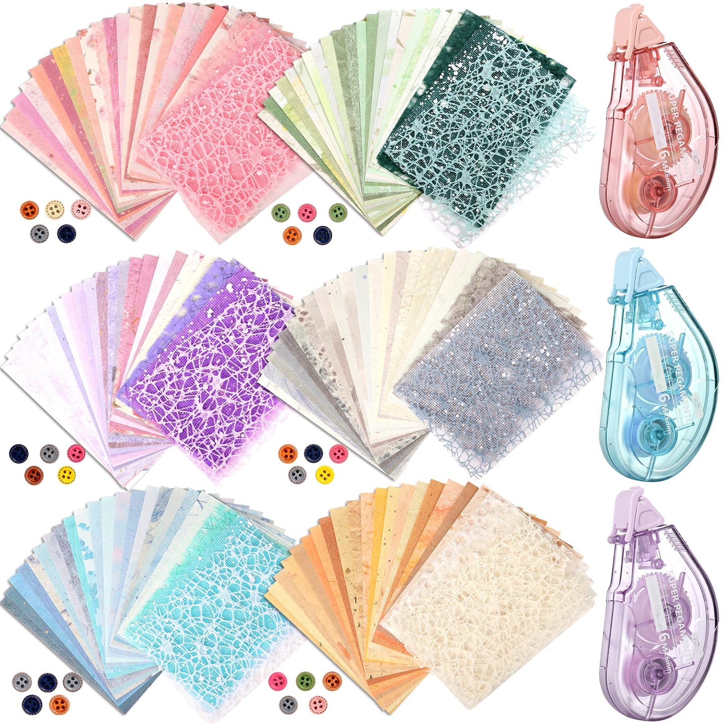 156 Sheets Textured Scrapbook Paper and Mesh Fabric Assorted Set, Sublaga 6 Pack Mixed Special Paper for Scrapbooking Planner Bullet Junk Journal Supplies 5.5x4 Inch