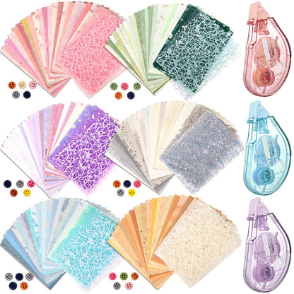 156 Sheets Textured Scrapbook Paper and Mesh Fabric Assorted Set, Sublaga 6 Pack Mixed Special Paper for Scrapbooking Planner Bullet Junk Journal Supplies 5.5x4 Inch