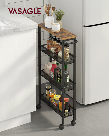 VASAGLE Slim Rolling Cart, 4-Tier Narrow Storage Cart with Handle, 5.1 Inches Deep, Metal Frame, for Kitchen, Dining Room, Living Room, Home Office, Rustic Brown and Classic Black ULRC032B01V1