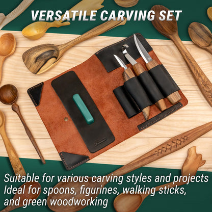 BeaverCraft Spoon Wood Carving Kit - Spoon Carving Tools Set with Hook Knife, Sloyd, Chip, Small Detail Whittling Knives S13X - Deluxe Whittling Knife Set with & Leather Strop and Leather Case