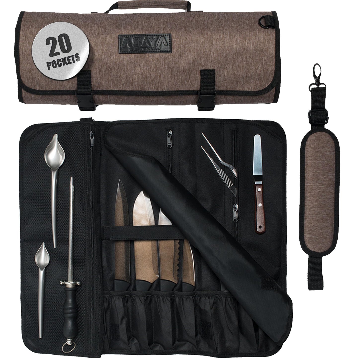 Asaya Waxed Nylon Chef Knife Roll Bag with 20 Slots and Zippered Pockets - Professional Chef Knife Bag & Storage Case, Tool Carrier with Shoulder Strap - Knives Not Included (Brown)