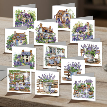 C'eitura 12Pcs Lavender Diamond Art Painting Greeting Card Kit with Envelopes, DIY Floral Christmas Birthday Thanksgiving Card Making Set, Calming Handmade Card Craft
