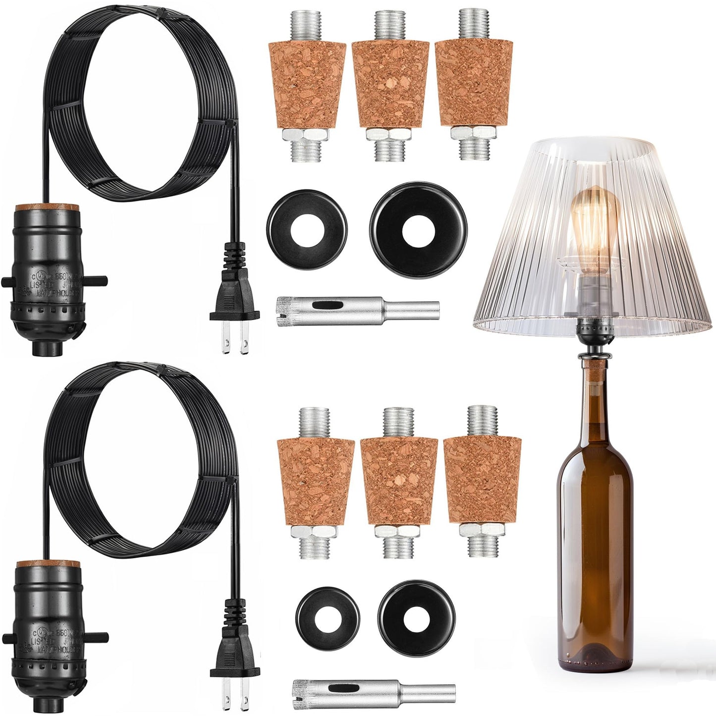ACBungji 2 Sets Bottle Lamp Kit for Liquor Bottle, DIY Wine Bottle Lamp Kit To Do It Yourself, Lamp Parts Kit Including 8 FT Lamp Cord with Lamp Socket, 3 Size Tapper Cork, 9mm Glass Drill Bit and Lid