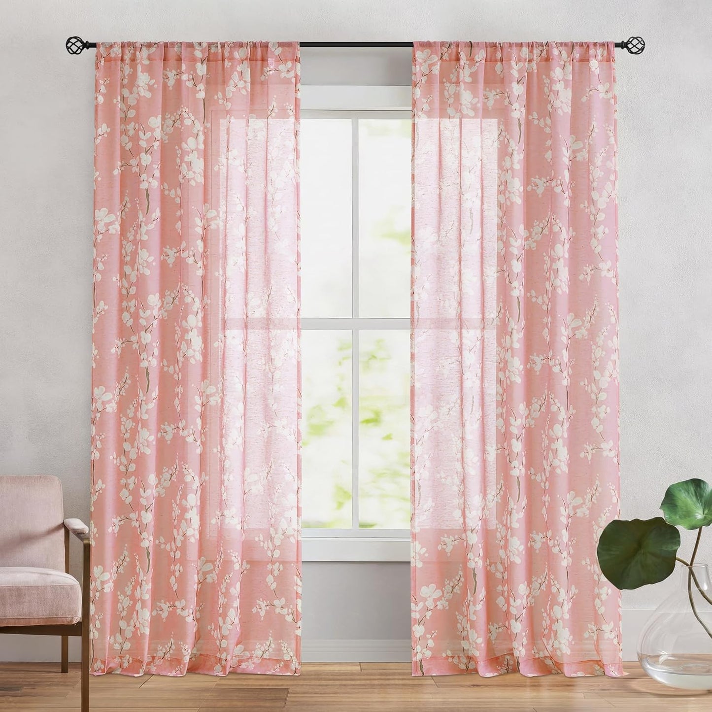 FMFUNCTEX Linen Sheer Curtains, Blush Pink Blossom Patterned, 96 Inches Long, Floral Drapes for Kids Room and Living