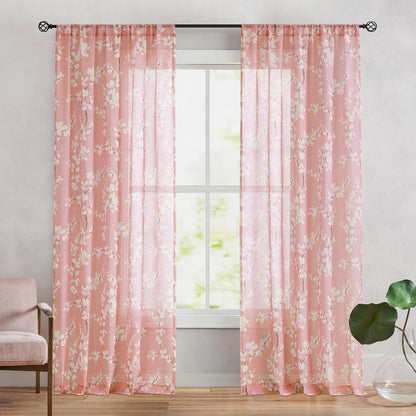 FMFUNCTEX Linen Sheer Curtains, Blush Pink Blossom Patterned, 96 Inches Long, Floral Drapes for Kids Room and Living