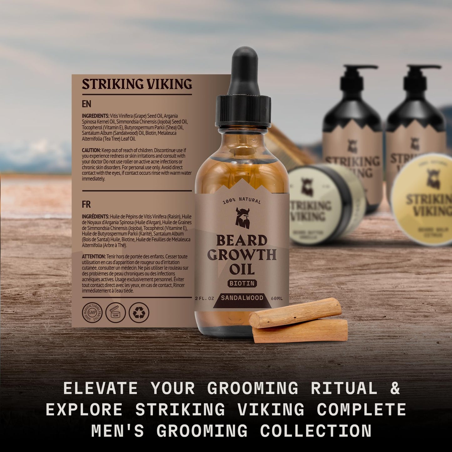 Striking Viking Beard Oil with Biotin for Men - 2 Fl Oz, 1 Pack, Sandalwood - Thickening & Conditioning Beard Growth Oil & Serum with Argan & Jojoba for Hydrated Facial Hair
