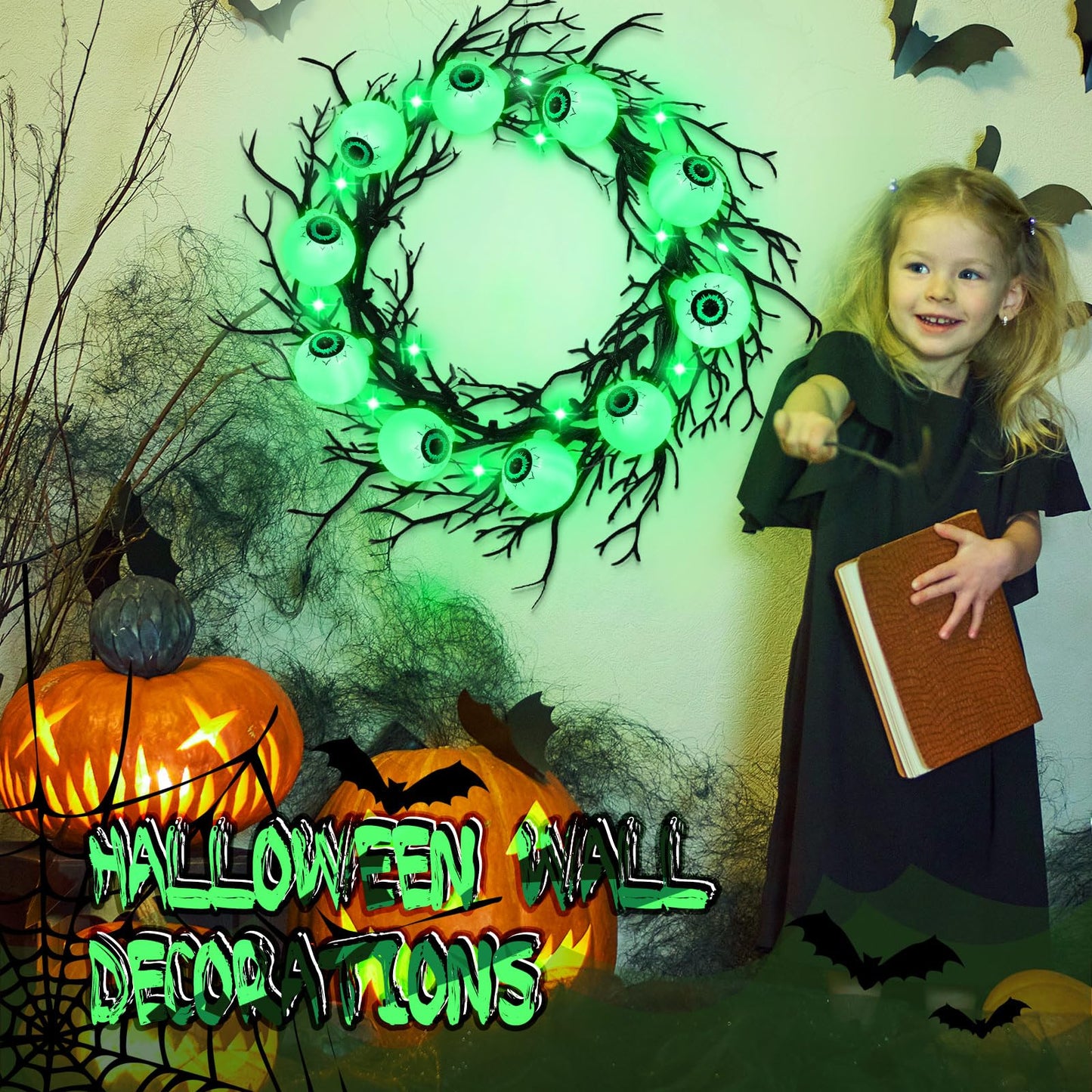 Dingion 18'' Halloween Eyeball Wreath for Front Door Light up Eyeball Wreath Decoration LED Halloween Garland with Black Dead Branch Garland Battery Operated Glowing Creepy Party Favor Wall Outdoor
