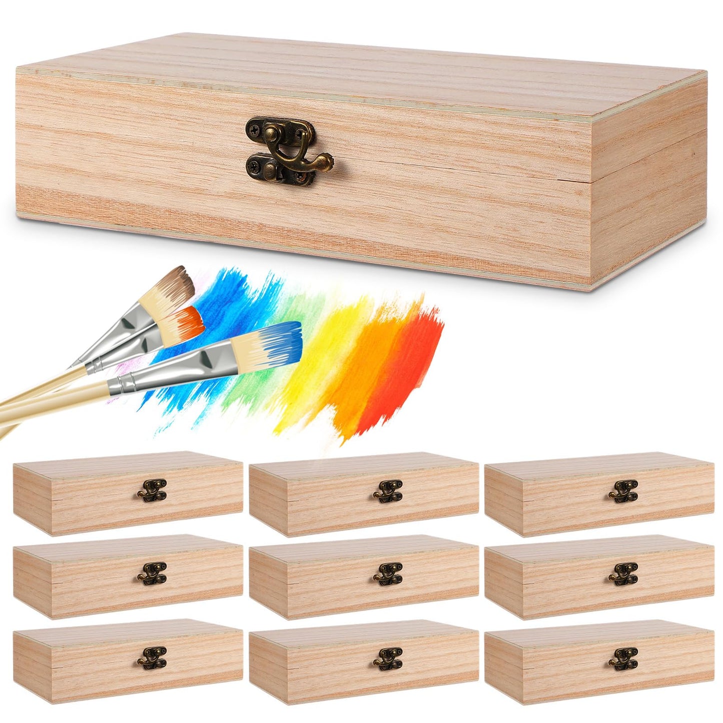 10 Pack Wooden Box with Hinged Lid, Unfinished Wood Box for Crafts, Large Unpainted Wooden Boxes for DIY Art Gifts Storage Jewelry, 8x4x2 Inch