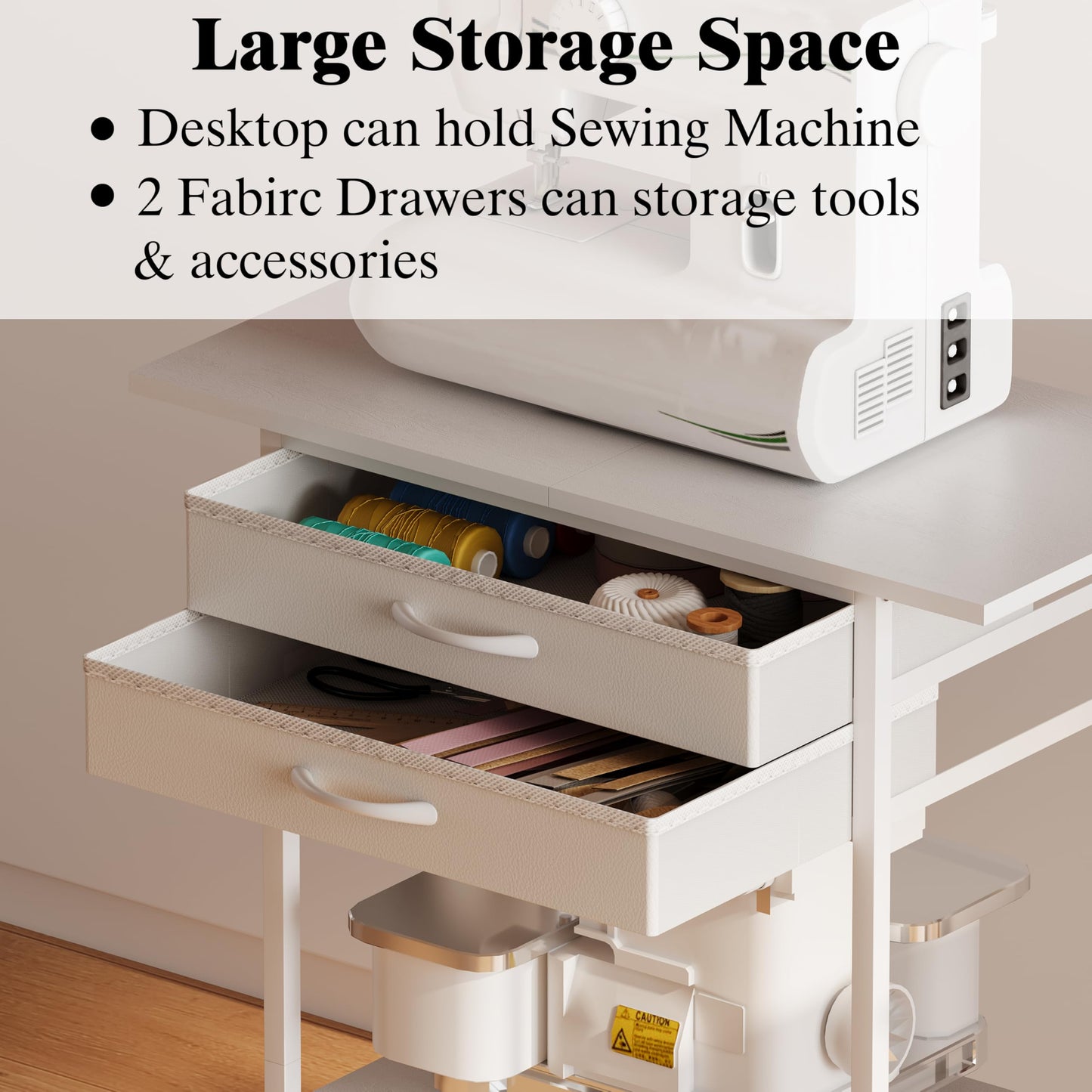 NinPeen Rolling Sewing Machine Table with 2 Fabric Drawers，Craft Table on Wheel with Spools Thread Holder，Portable Sewing Cabinet for Embroidery Machine with 3 Open Shelves for Small Spaces (White)
