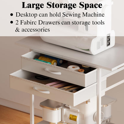 NinPeen Rolling Sewing Machine Table with 2 Fabric Drawers，Craft Table on Wheel with Spools Thread Holder，Portable Sewing Cabinet for Embroidery Machine with 3 Open Shelves for Small Spaces (White)