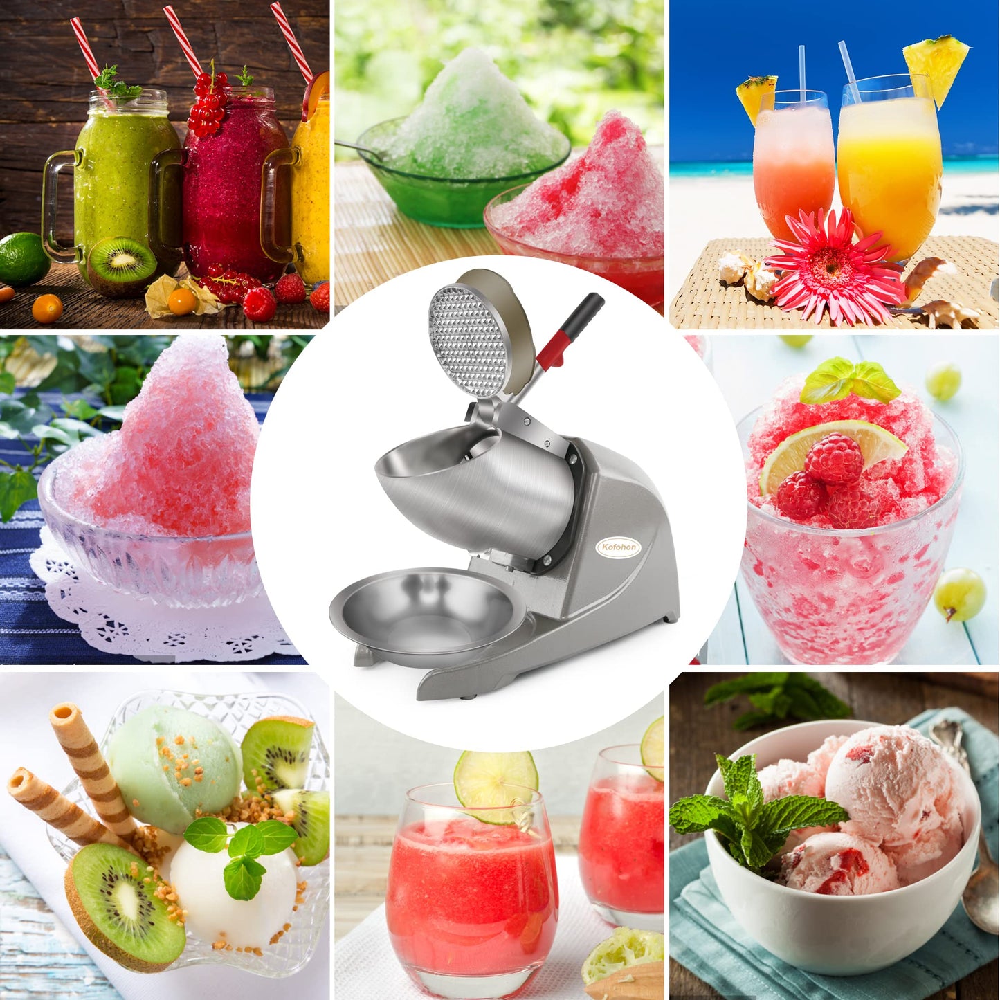 KOFOHON Electric Ice Shaver, Shaved Ice Machine, Especially for Home Use Ice Crusher, Dual Stainless Steel Shaving Blades, Double Covers,176lbs per hour,300W/1440rpm,Upgraded Version.
