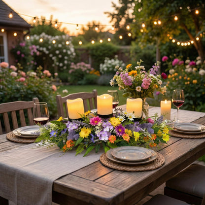 Lnymura 26 Inch Spring Summer Centerpiece with 3 Candle Holders Floral Table Centerpiece with Daisies and Wildflowers for Dining Table Mantel Wall and Farmhouse Table Decoration