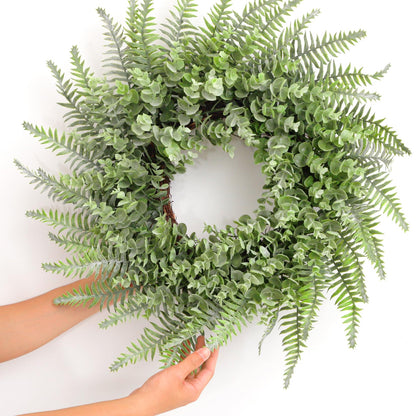 NIOPELO 26'' Eucalyptus and Boston Ferns Wreath for Front Door - Artificial Eucalyptus Leaves Greenery Outdoor Wreath for Wedding Farmhouse Porch Wall Room Home Decor (Gray-Green)