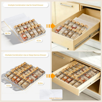 4 Tier(4 Packs), 11" 22" Acrylic Spice Drawer Organizer Expandable from to Seasoning Organizer Tray for Kitchen - Clear