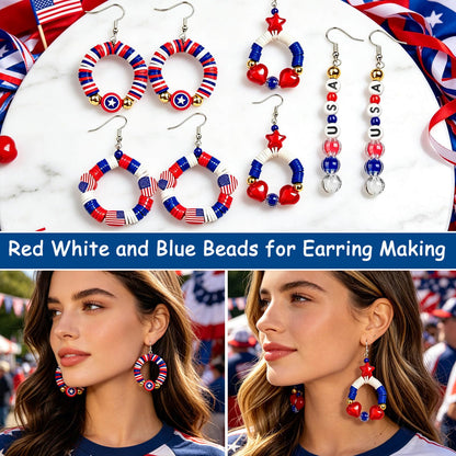 2360+ Pcs 4th of July Beads for Jewelry Making, Red White Blue Patriotic Bead Kit for Bracelets Necklace Craft Supplies Including Clay Charms USA Letter Beads Star Spacer Charms for Independence Day