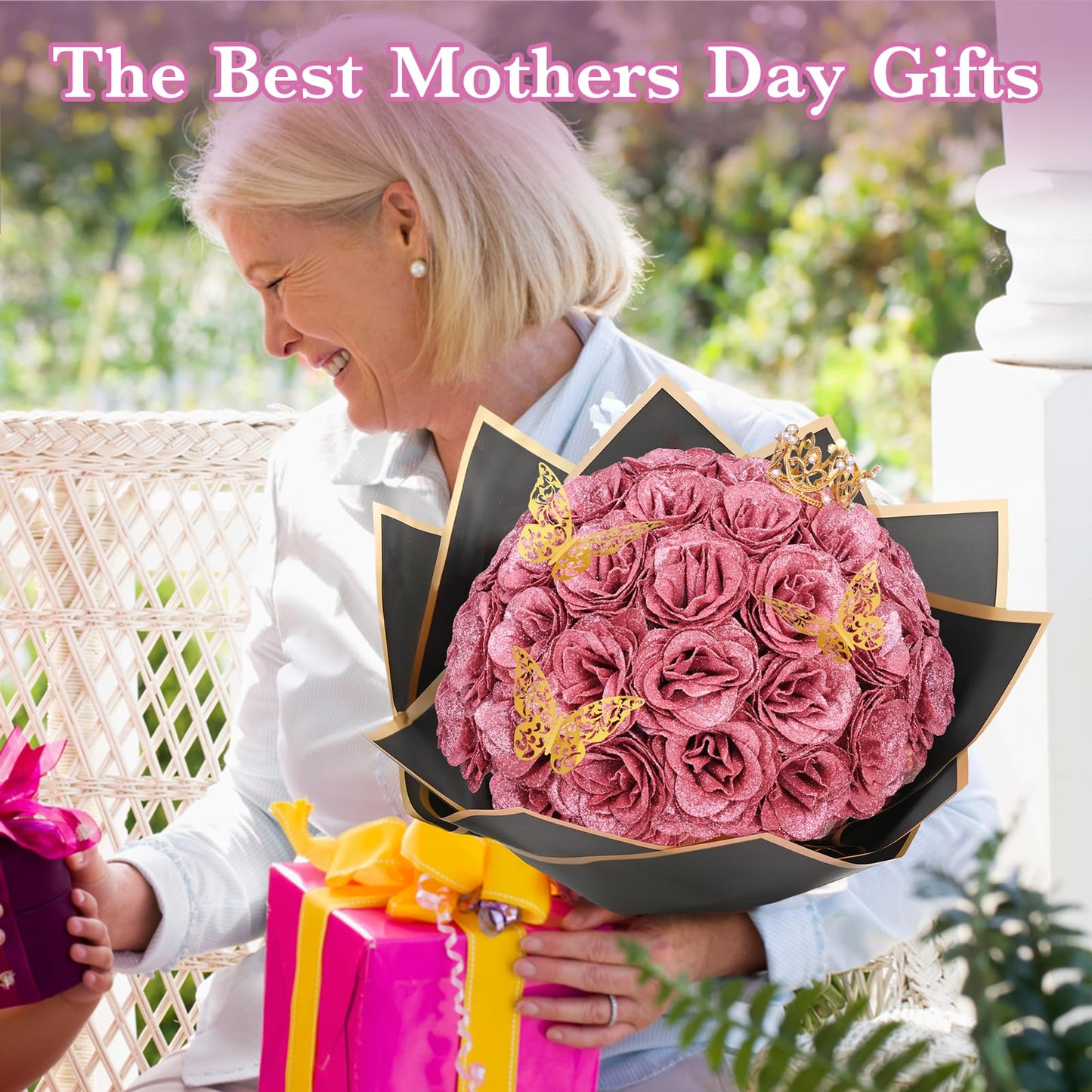 Waipfaru Rose Gold Glitter Roses Bouquet, DIY Flowers Bouquet, Birthday Gifts for Women Mom Grandma Wife Girlfriend, 36 Pcs Fake Rose for Valentines, Mothers Day, Anniversary, Graduation Gifts