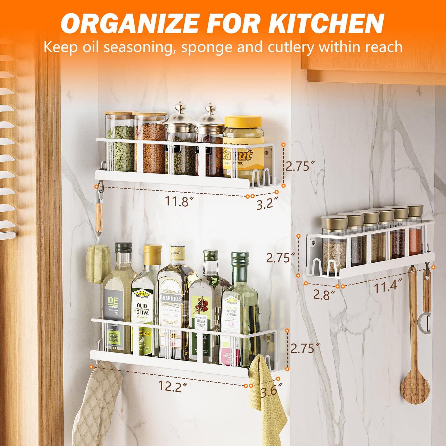 Spice Rack Wall Mounted 3 Pack, Space-Saving Spice Organizer for Spice Jars and Seasonings,Screw or Adhesive Hanging Spice Rack Organizer for Your Kitchen Cabinet,or Pantry Door