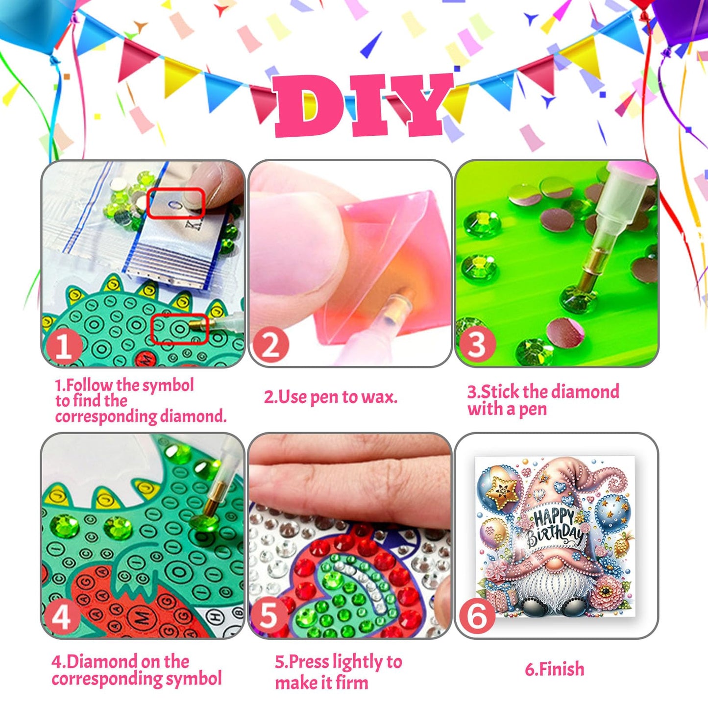 YOKUSHI 12 PCS Diamond Art Painting Birthday Greeting Cards, Fete Day Craft DIY Card Making Kits for Adults Gifts (Happy Birthday)