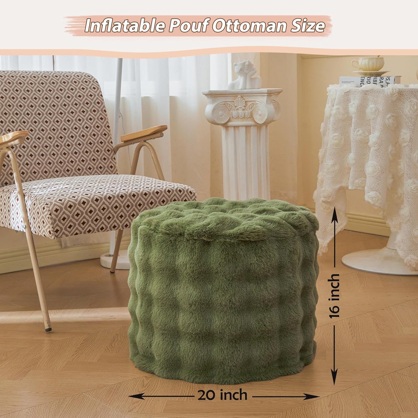 20" 16" LIFEREVO Faux Rabbit Fur Round Inflatable Pouf Ottoman, X Plush Fuzzy Waffle Bubble Floor Poufs Foot Rest