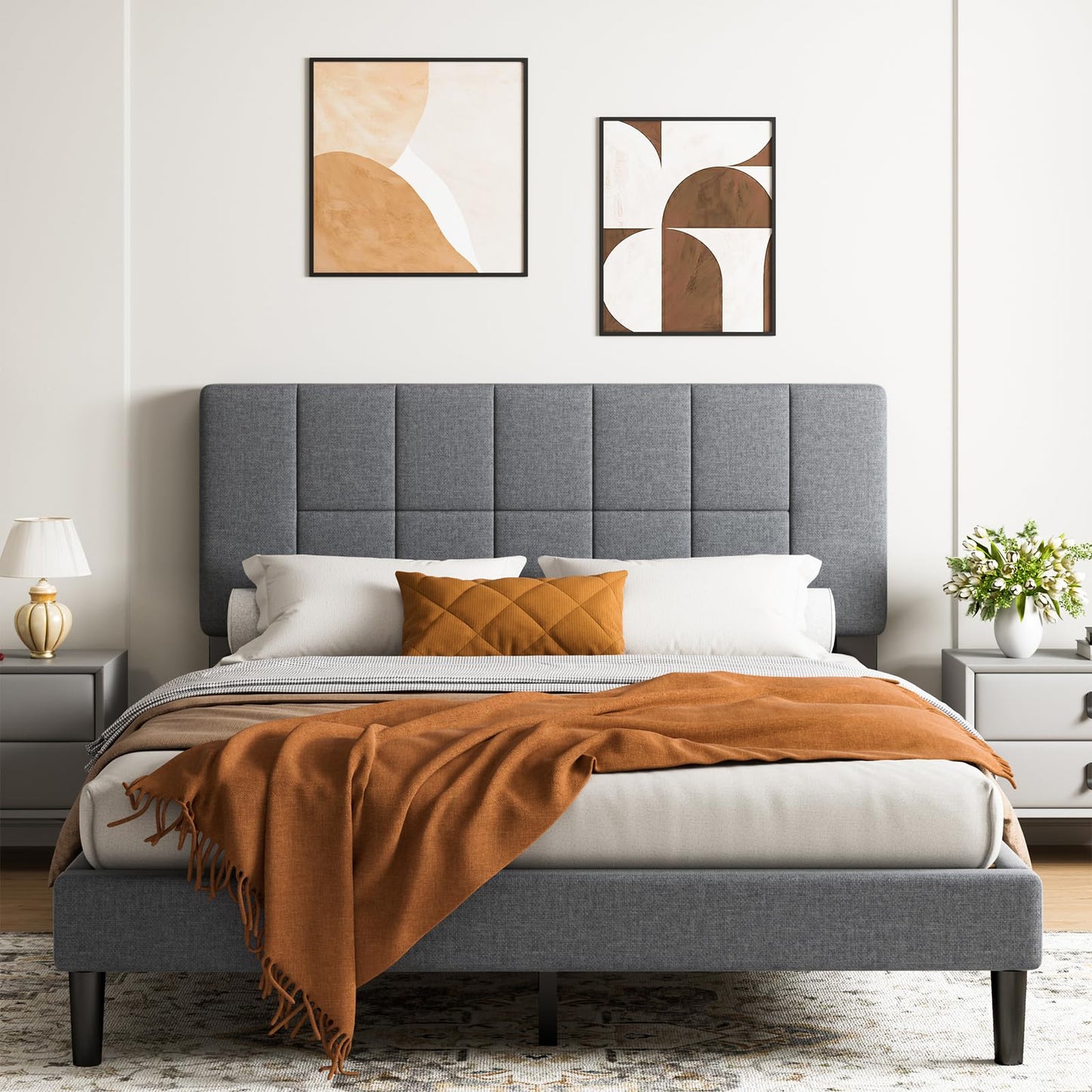 Marsail Full Size Bed Frame with Headboard, Sturdy and Durable with 12 Support Legs, 1300 lbs Capacity, Solid Wooden Upholstered Adjustable Headboard for 6"-12" Mattresses, Easy Assembly,Dark Gray