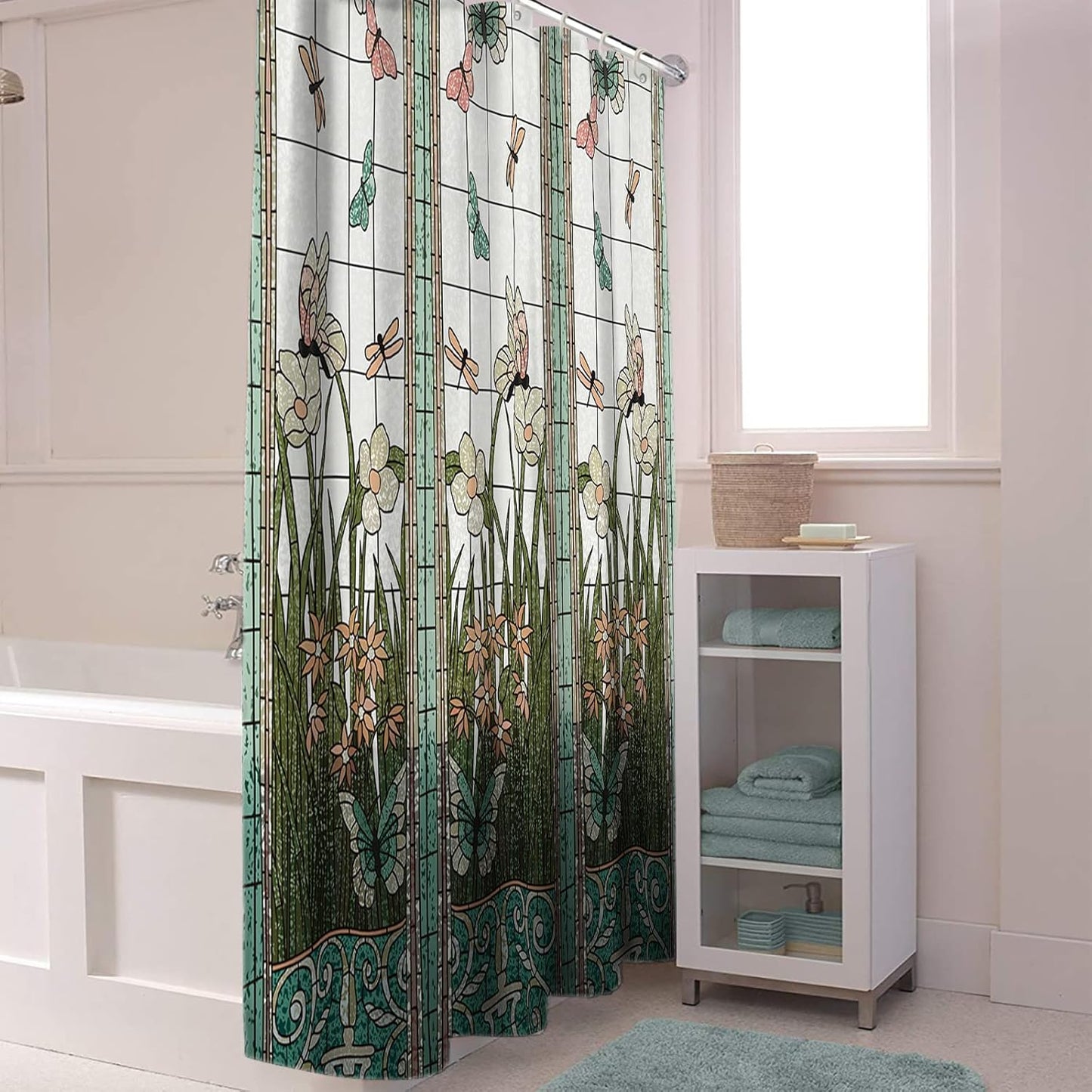Extra Long Flower Dragonfly Waterproof Bathroom Fabric Shower Curtain 84 inch Bath Curtain