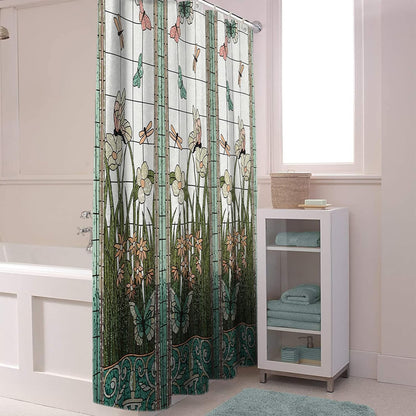 Extra Long Flower Dragonfly Waterproof Bathroom Fabric Shower Curtain 84 inch Bath Curtain