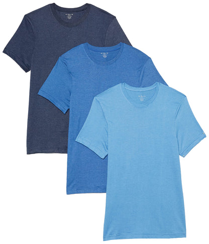 Evolve Men's Performance Cotton 3 Pack Crew Neck T-Shirt, Navy Heather/Denim Heather/Blue Heather, Small