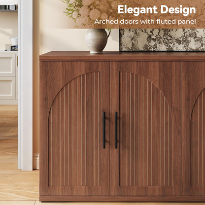 MapleGrace 63" Fluted Buffet Cabinet with Storage, Mid-Century Symmetrical Arched Sideboard Credenza with Adjustable Shelf, Large Wood Console Table for Dining Room, Kitchen, and Living Room (Walnut)
