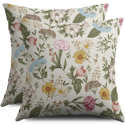 Spring Floral Pillow Covers 18X18 Set of 2, Botanical Print Green Flower Plant Pattern Decorative Throw Pillowcases Outdoor Farmhouse Seasonal Cushion Cases Couch Sofa Bed Decor