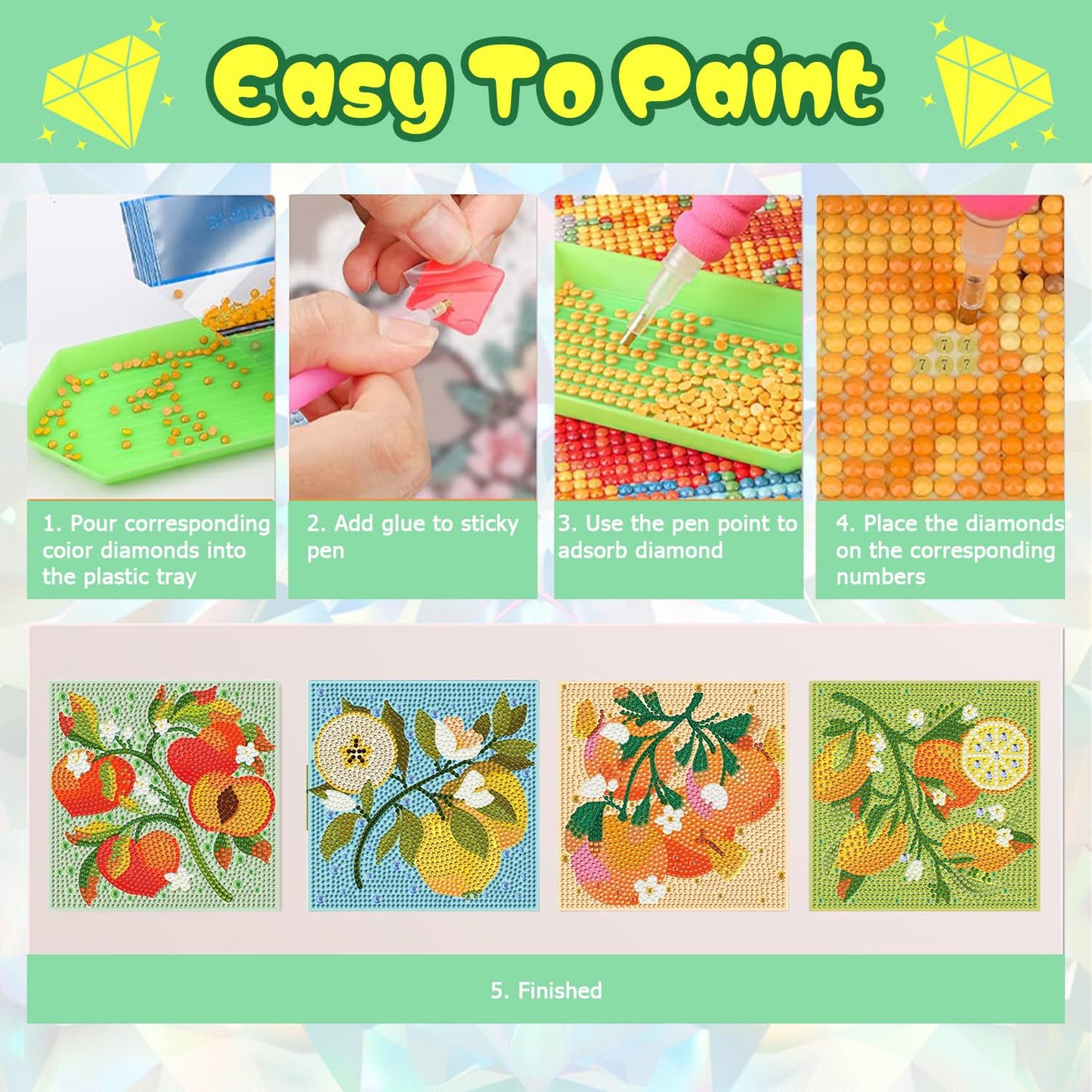 ICYANART 4 Pack Diamond Art Kits for Kids Fruit Gem Art Kit for Kids Ages 6-8-12 Small Diamond Art for Kids Gifts and Home Wall Decor 7x7inch