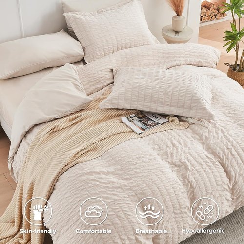 HYMOKEGE Queen Comforter Set - Beige Oversized 7-Piece Seersucker Luxury Bedding | All-Season Comforter, Sheets & Pillowcases