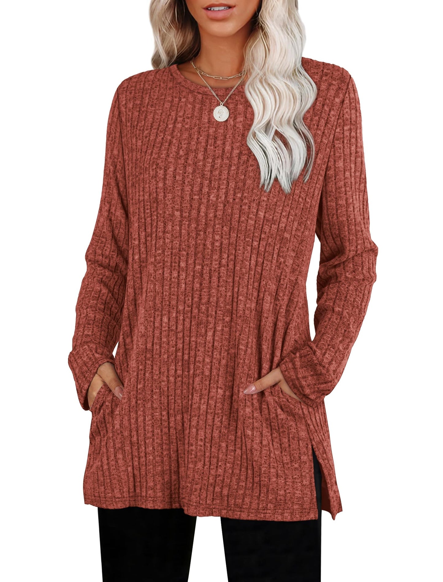 SAMPEEL Womens Sweaters Crewneck Long Sleeve Shirts with Pockets Fall Outfits 2025 Fashion Winter Clothing Side Slit
