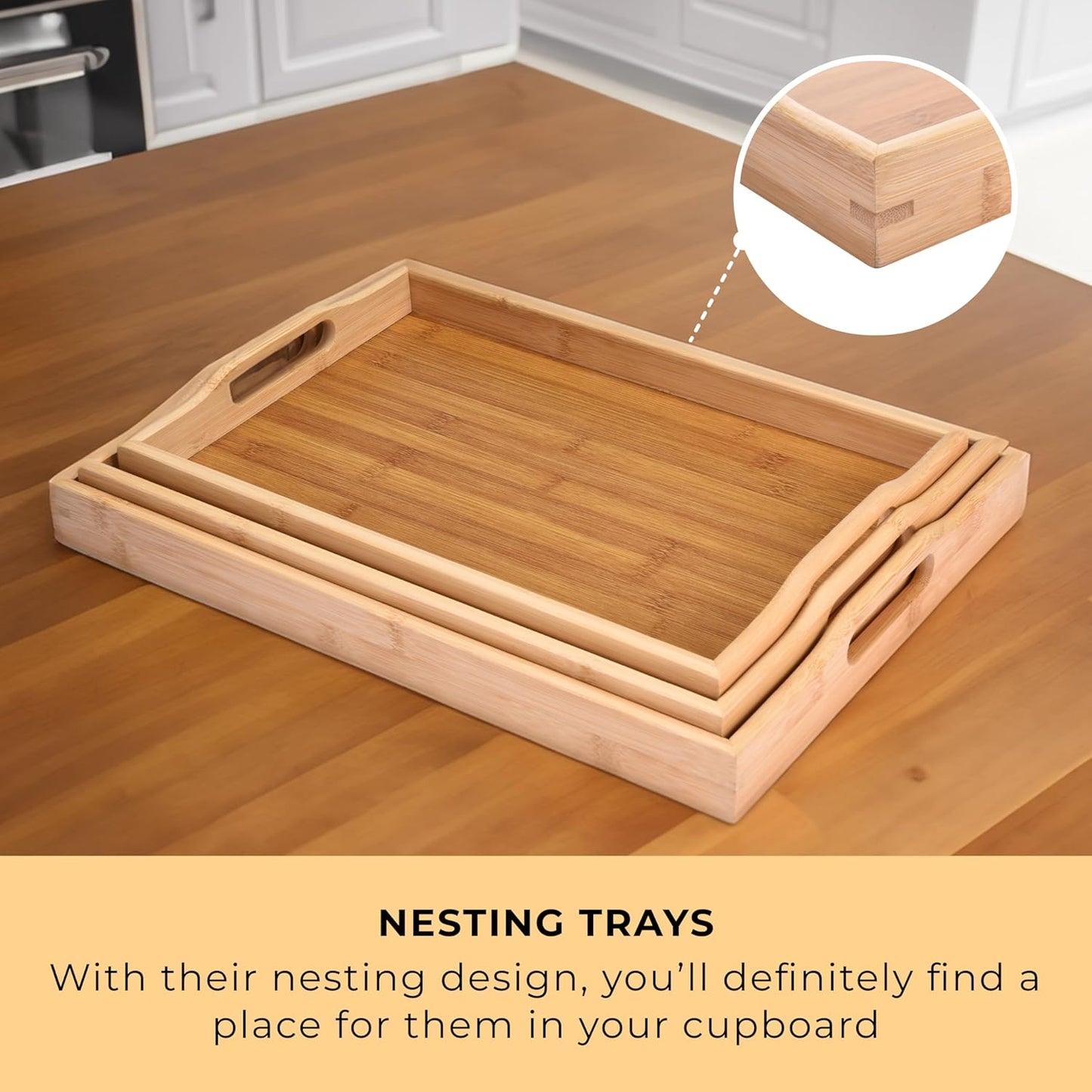 Set 3 Prosumers Choice Wooden Tray - Light Brown Serving Trays with Handles - Nesting Design for Space Saving - Wooden