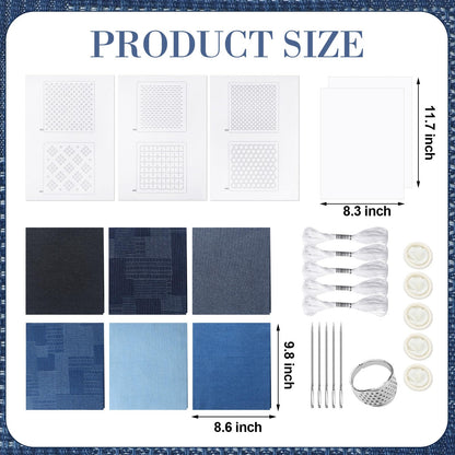 Hahafelt Sashiko Kit Sashiko Thread and Needles Thimble Denim Fabric Water Soluble Japanese Embroidery Kit for Beginners Hand Quilting and Mending, Sewing Supplies