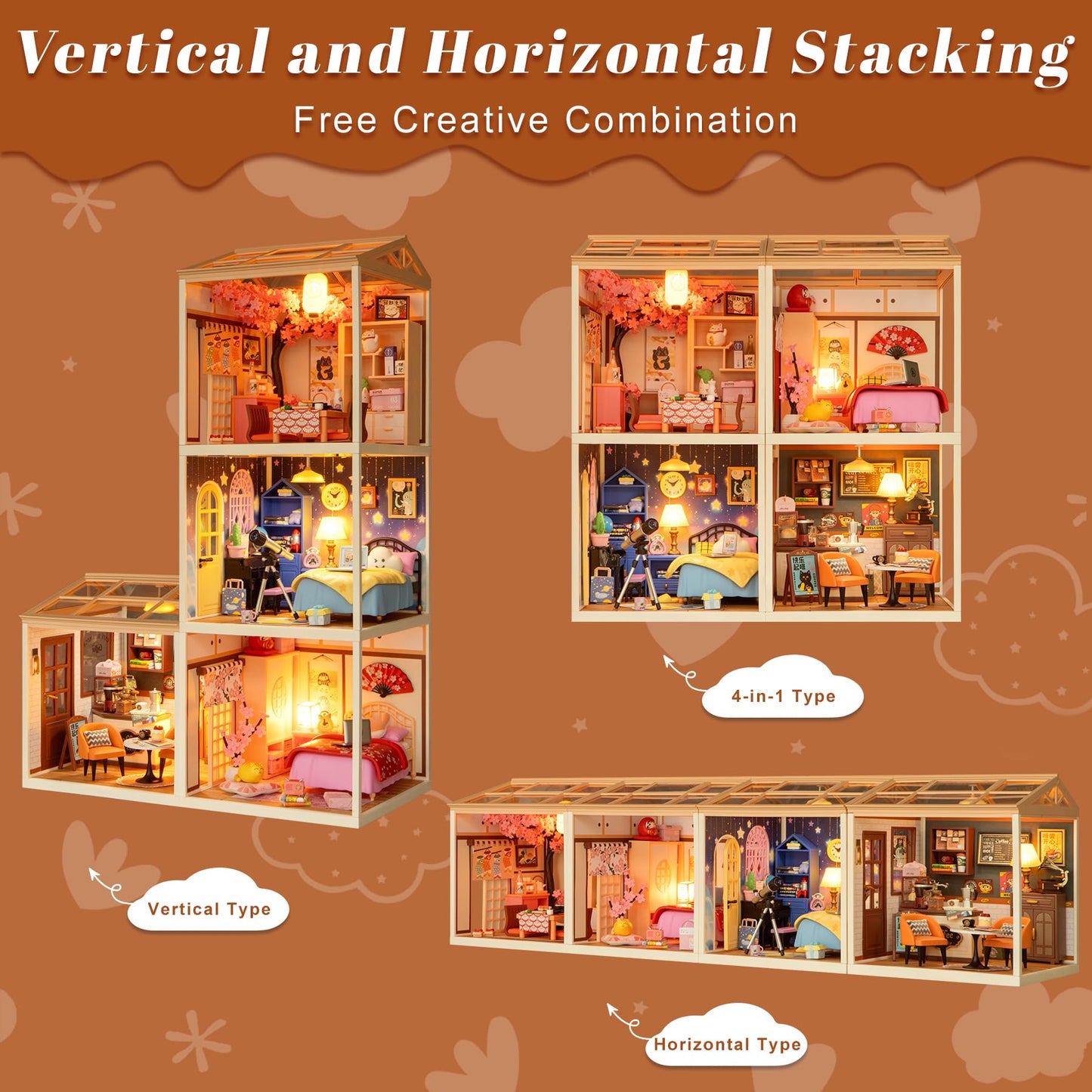 Loyratche DIY Retro Coffee Shop Miniature House Kit, 115 Pieces Mini Dollhouse with Furniture & LED Light with Roof & Dust Covers Tiny House Toy for Adults