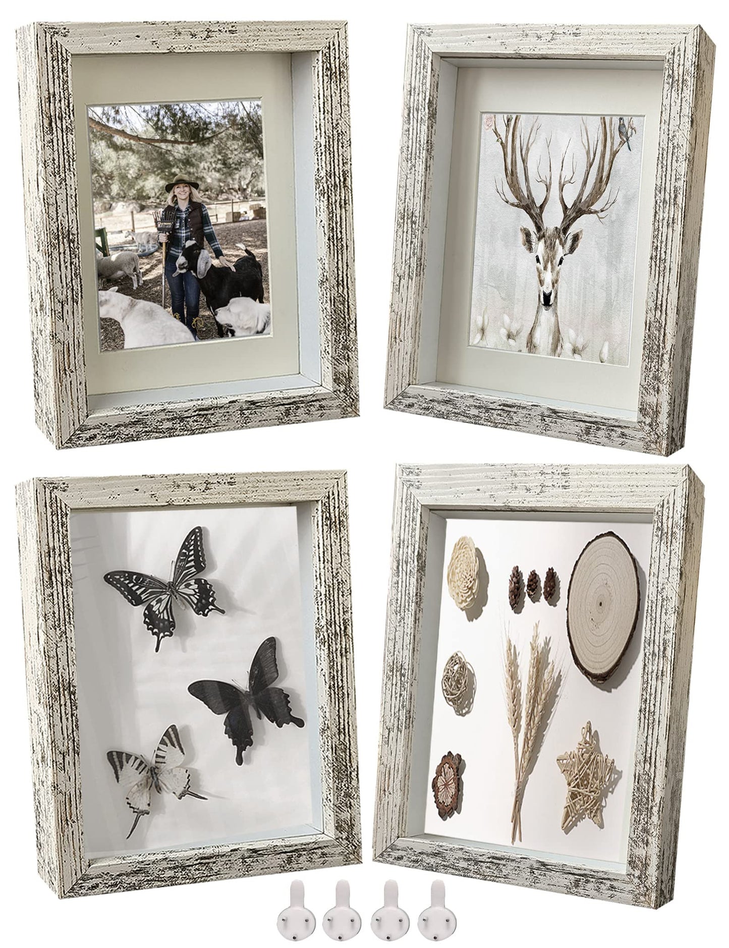 Houstimi Wooden Farmhouse 5x7 Shadow Box Frame Small Shadow Box Display Case Glass Surface Internal Depth 0.6 inch for Wall or Tabletop（White,4 Pack）