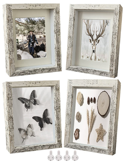 Houstimi Wooden Farmhouse 5x7 Shadow Box Frame Small Shadow Box Display Case Glass Surface Internal Depth 0.6 inch for Wall or Tabletop（White,4 Pack）