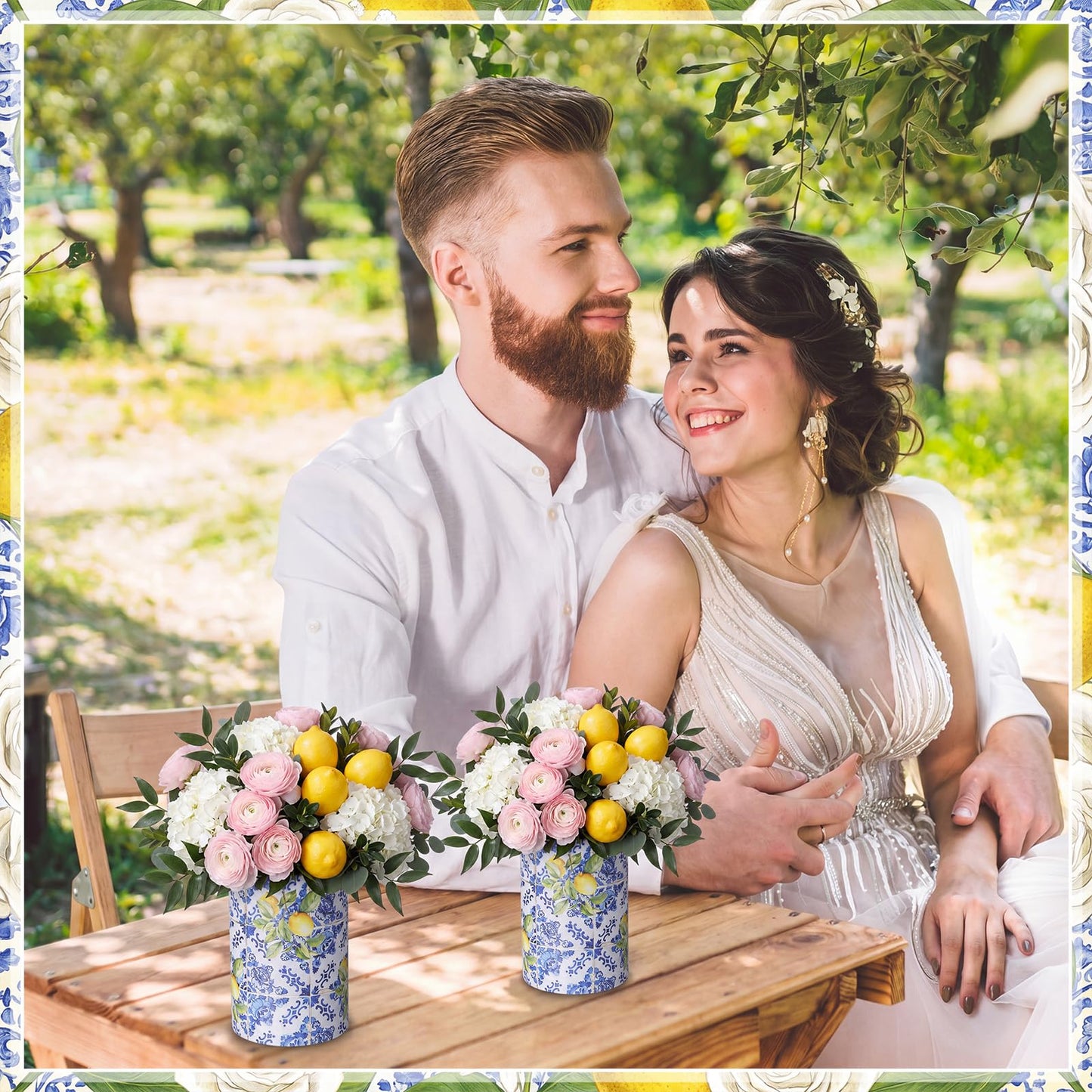 LemonRoad 6 Sets Blue Tiles Lemon Table Centerpiece for Wedding Amalfi Coast Cylinder Flower Boxes with Floral Foam Blocks Capri Mediterranean Positano Decorations Birthday Party Home Decor