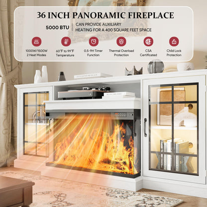 MXV 70'' Fireplace TV Stand, Farmhouse Entertainment Center with 3 Sided Glass TV Stand, Modern Media Console Table with Storage Drawers & Cabinets with LED Flame and Lights for Living Room, White
