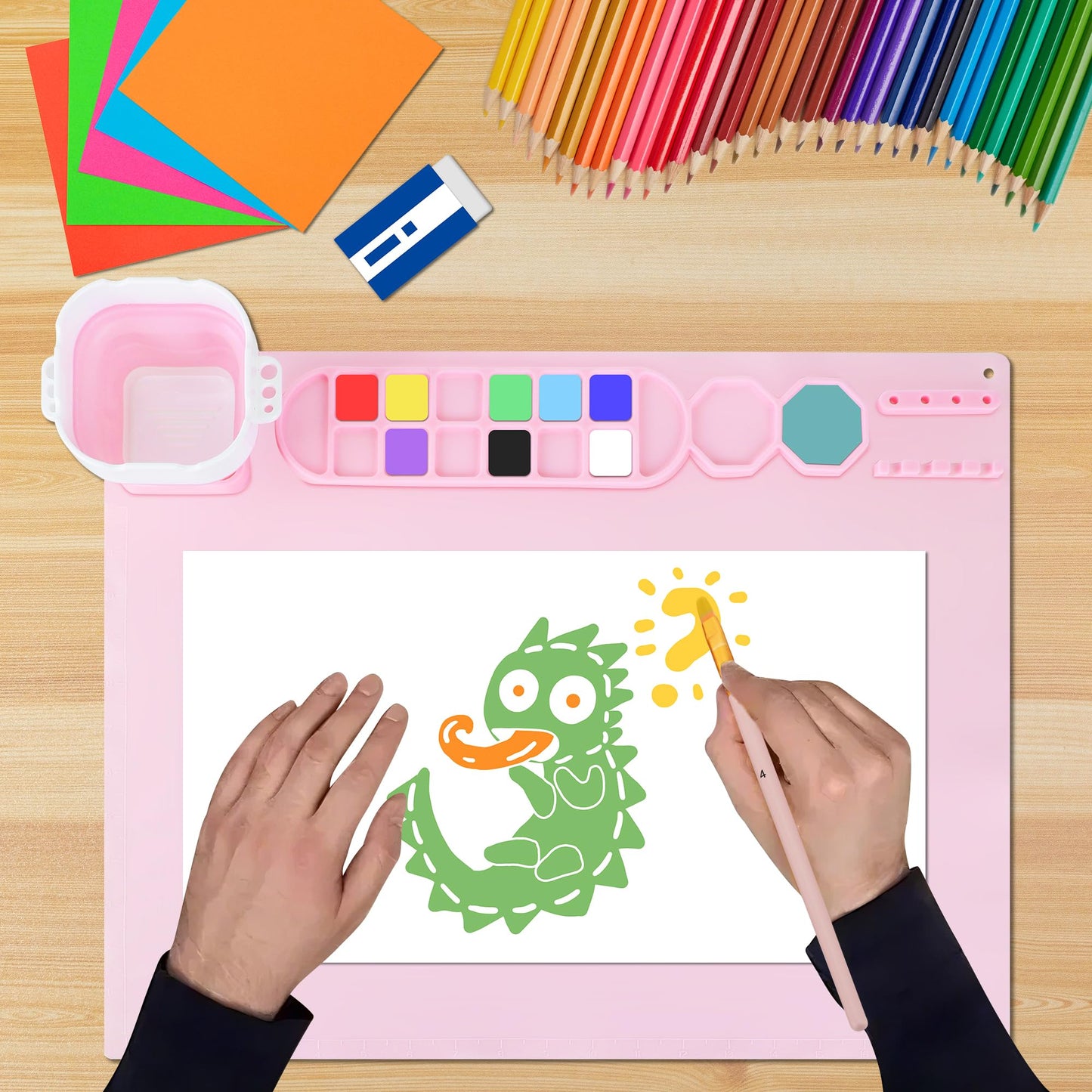 MEKOTRIN 2PCS Silicone Painting Mat, 20"X16" Art Mat with Cup and Palettes, Silicone Craft Mat has 16 Color Dividers, Paint Mat for Artist Clay DIY Creations(Pink+Blue)