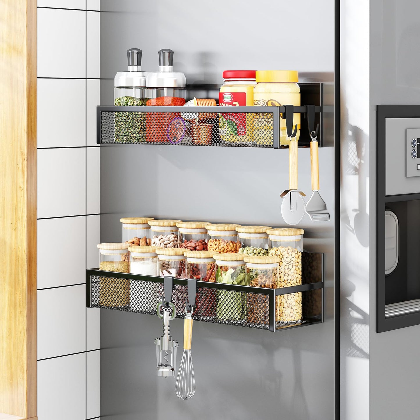 Magnetic Spice Rack for Refrigerator, 4 Pack Magnetic Shelf, Fridge Magnet Organizer with Moveable 8 Hooks, Magnetic Fridge Shelf for Kitchen Organization and Storage (4 Pack)