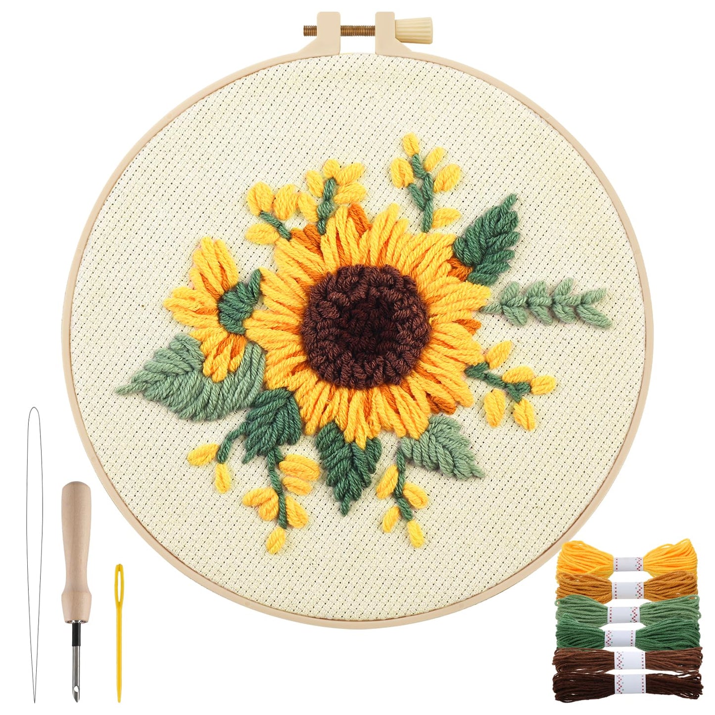 Punch Needle Kit Adults Beginner - Includes Hoop/Needle/Yarns/Punch Needle Fabric with Pattern, Embroidery Craft Gifts for Women Mother, Cute Sunflower