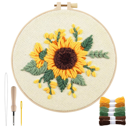 Punch Needle Kit Adults Beginner - Includes Hoop/Needle/Yarns/Punch Needle Fabric with Pattern, Embroidery Craft Gifts for Women Mother, Cute Sunflower