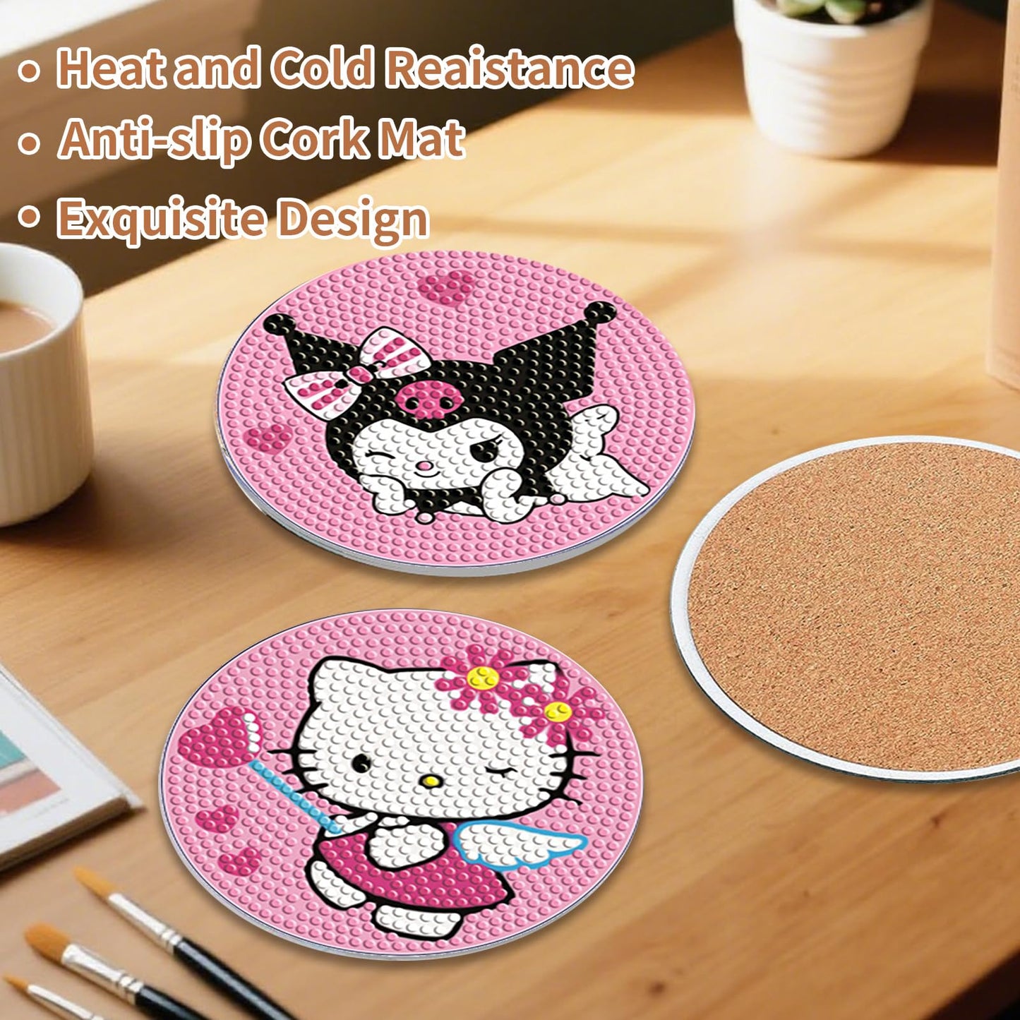 PERFECTSIGHT 8 Pcs DIY Diamond Art Painting Coasters with Holder, Cute Diamond Paint Coaster Kits for Adults, Kawaii Full Drill Diamond Art Craft Supplies, Paint by Number Non Slip Coaster, Sanlio