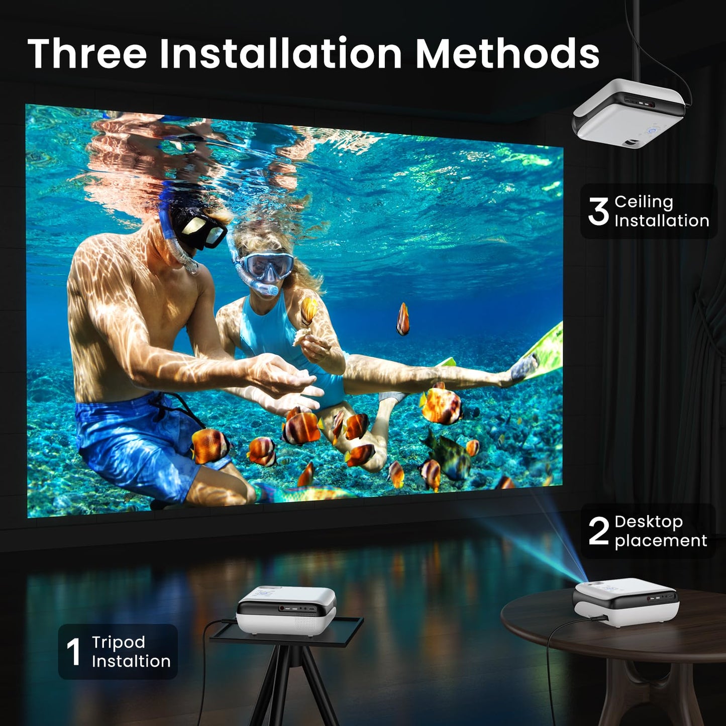 HAPPRUN Native 1080P Bluetooth Projector, Full HD Portable Outdoor Movie Projector with Built-in Speaker, Compatible with Smartphone, HDMI, USB, AV, Fire Stick, PS5 for Home, Bedroom, Outdoor Use