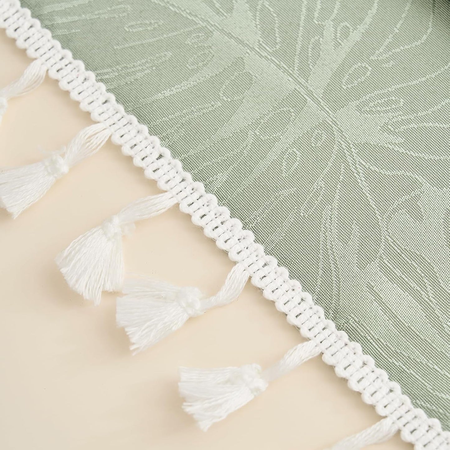 15.7x35.4 Inch Rectangular Tablecloth Green Leaves Pattern with Fringe Edge Waterproof Washable Jacquard Fabric Long